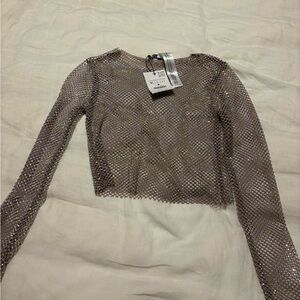 Zara Iridescent Mesh Top in Tan